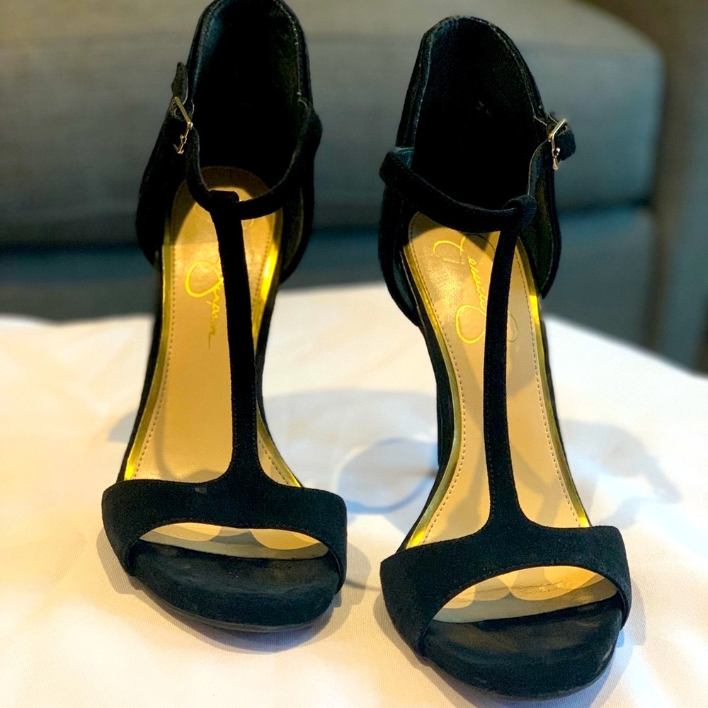 Jessica Simpson Black Suede 4 1/2 inch open toe pumps with ankle strap buckle.